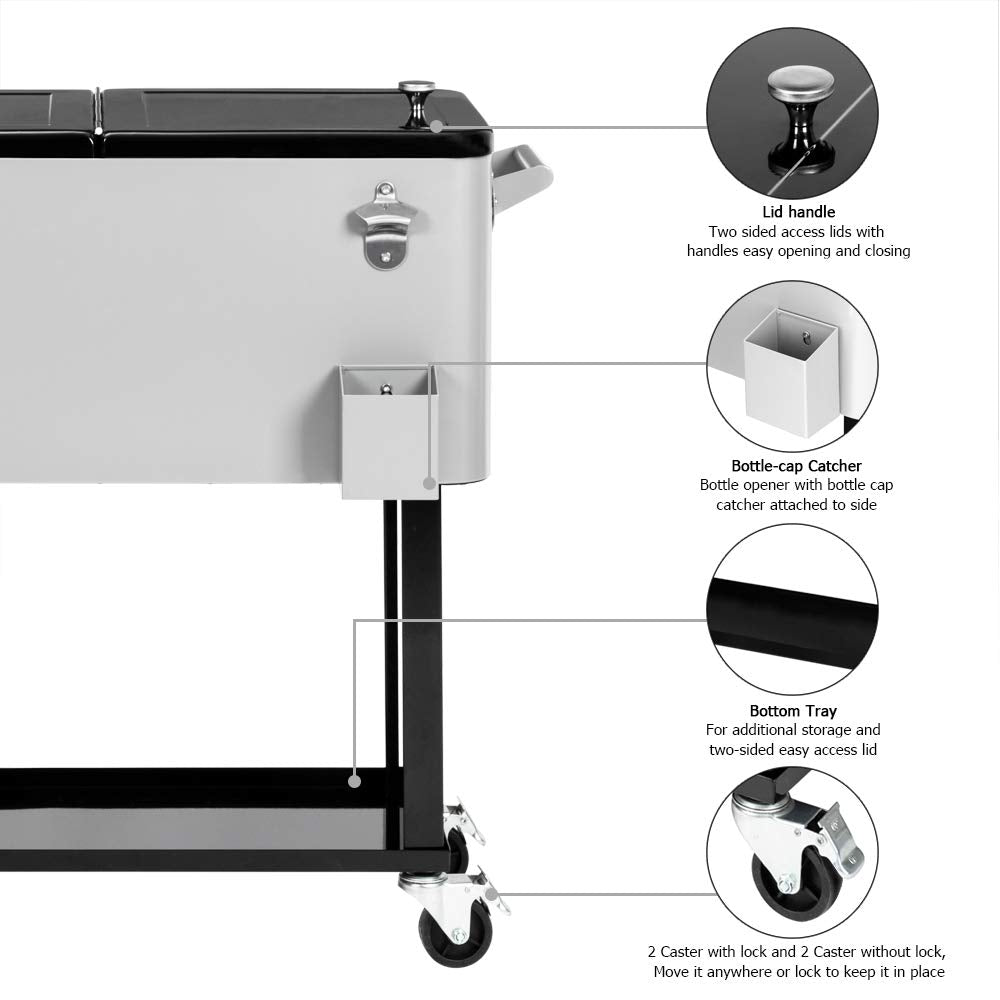VINGLI 80 Quart Rolling Ice Chest - Portable Drink Cooler Cart