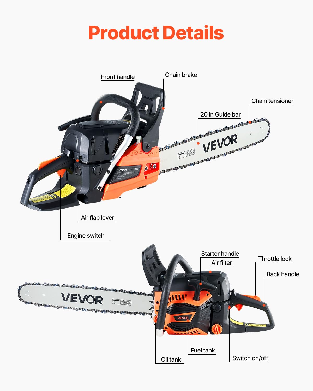 VEVOR 20-Inch 62CC Gas Chainsaw - 3.8 HP, Dual Fuel