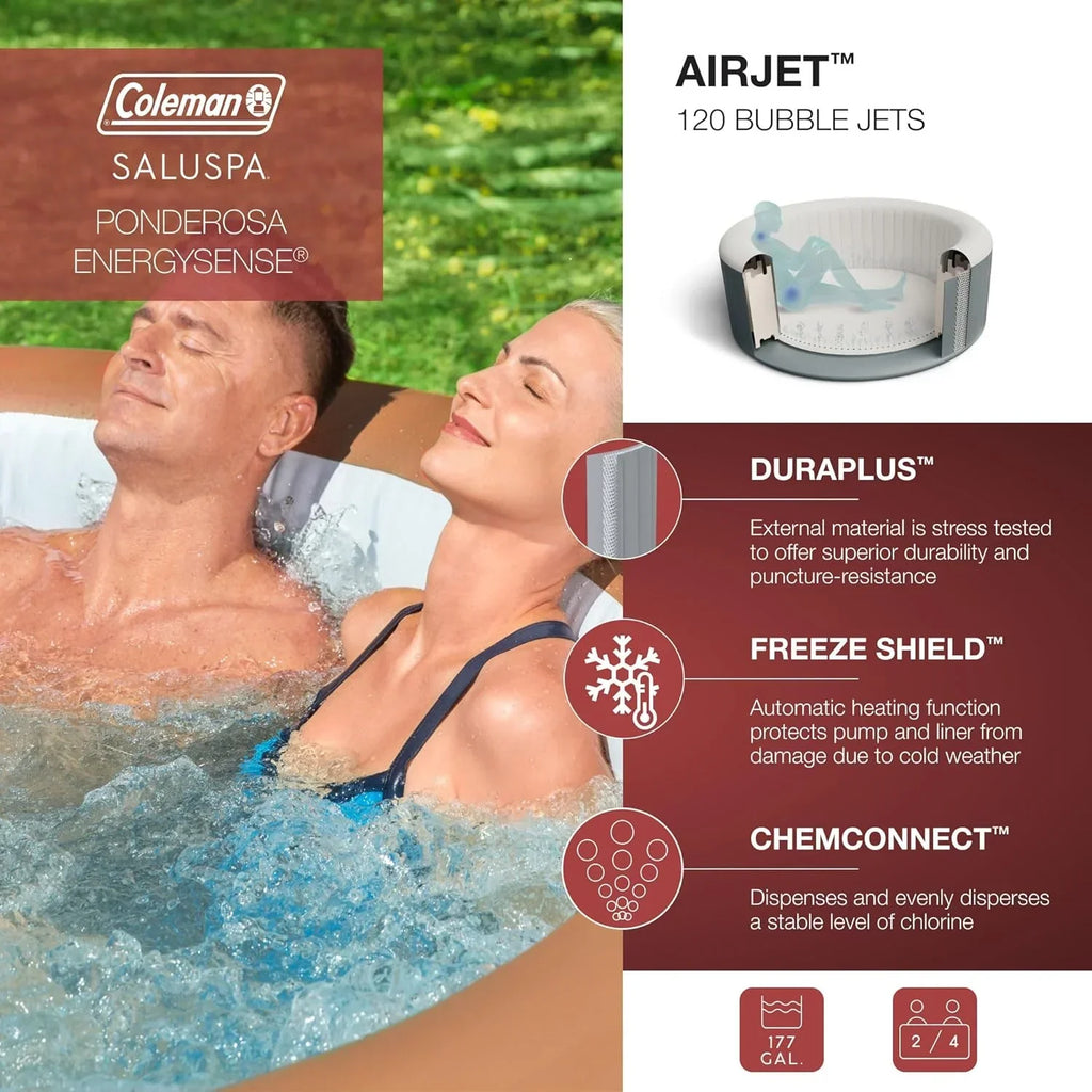 Coleman SaluSpa Miami AirJet 2 to 4 Person Round Inflatable Hot Tub Portable Outdoor Spa with 120 Soothing AirJets and Insulated Cover, Black