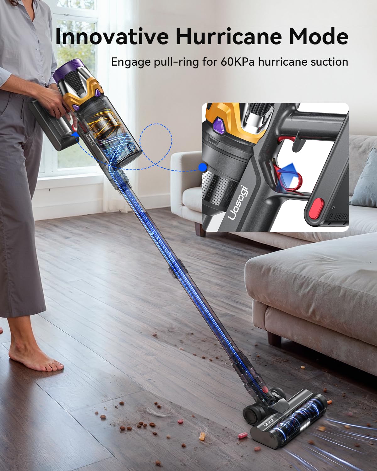 UOSOGI Cordless Vacuum Cleaner 55KPA 650W 70Mins Hurricane Mode
