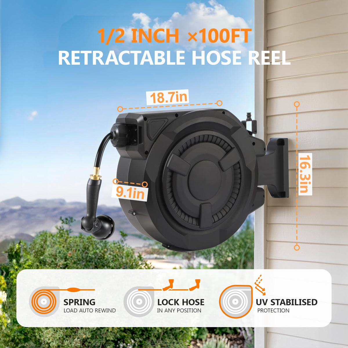 WIKIWIKI Retractable Garden Hose Reel 1/2" x 100 ft - Heavy Duty