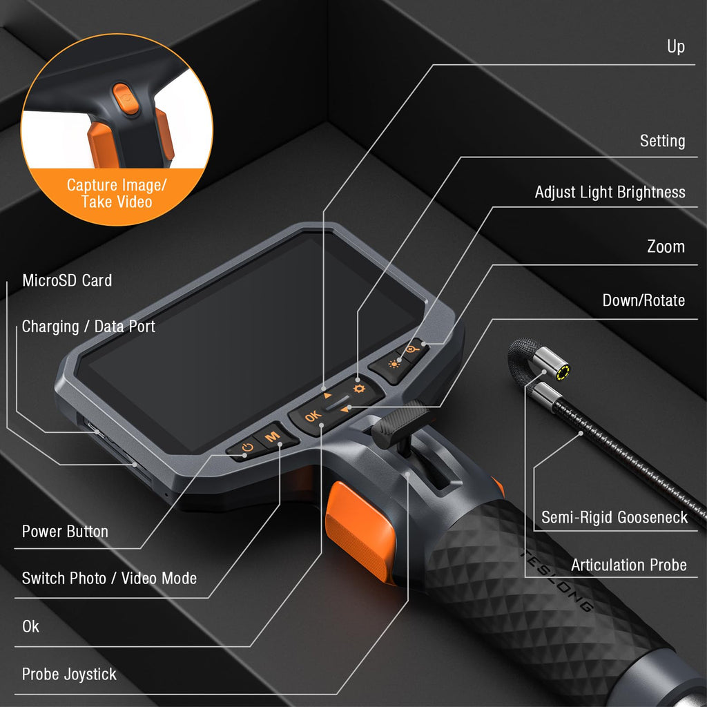 TESLONG Two-Way Articulating Borescope - 5FT Endoscope Camera
