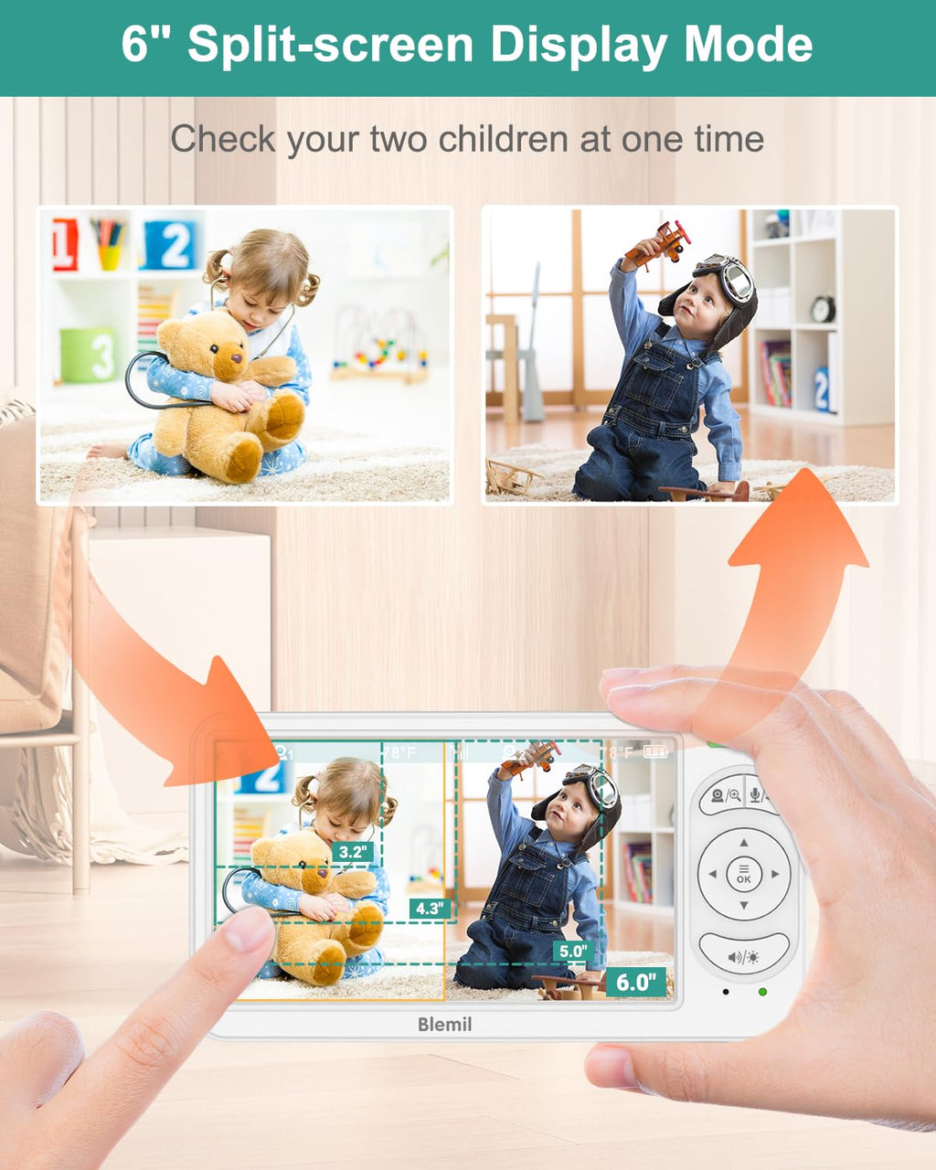 BLEMIL 6" Baby Monitor with 2 Cameras & Split Screen