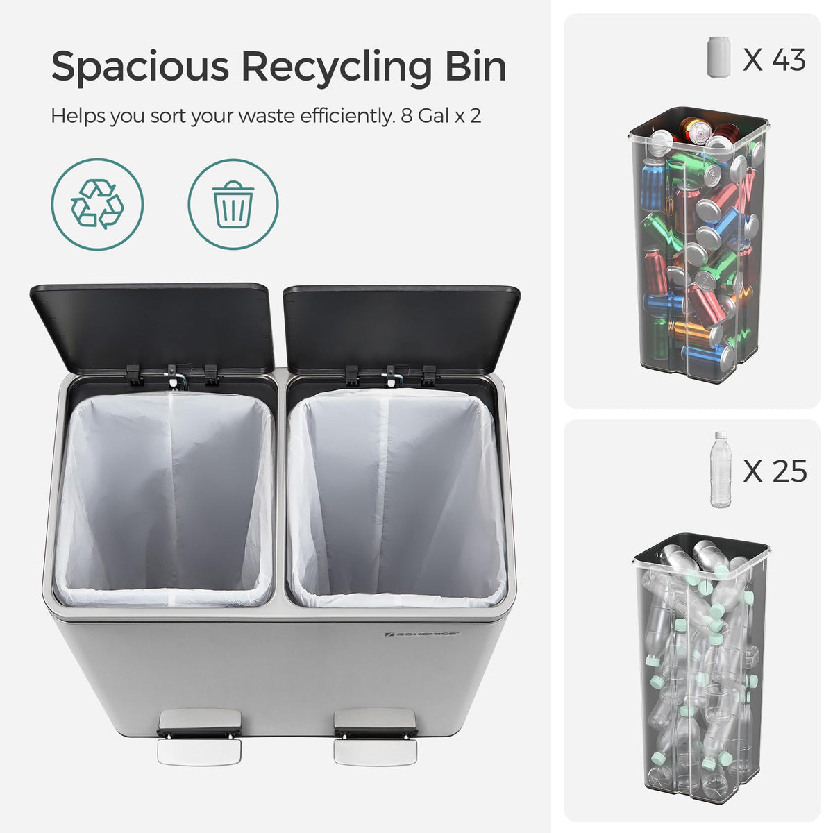 SONGMICS ULTB60NL Trash Can - 2x8 Gallon Kitchen Garbage Bin