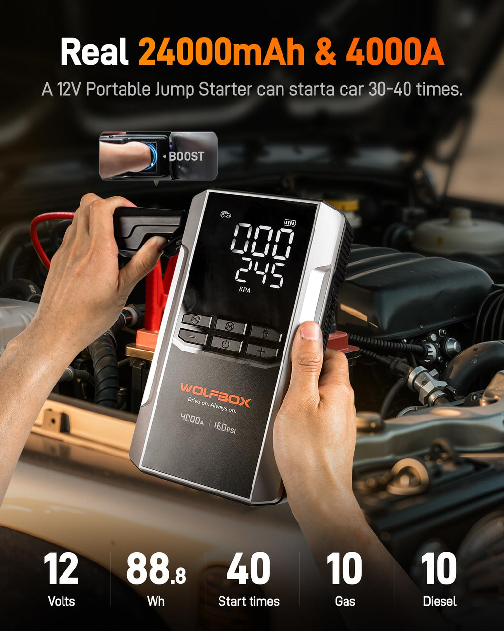 WOLFBOX 4000A Jump Starter & 160PSI Air Compressor