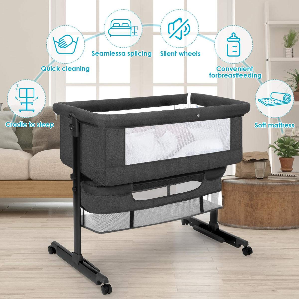 YADAQE Baby Cradle 3-in-1 Convertible Bassinet with Wheels