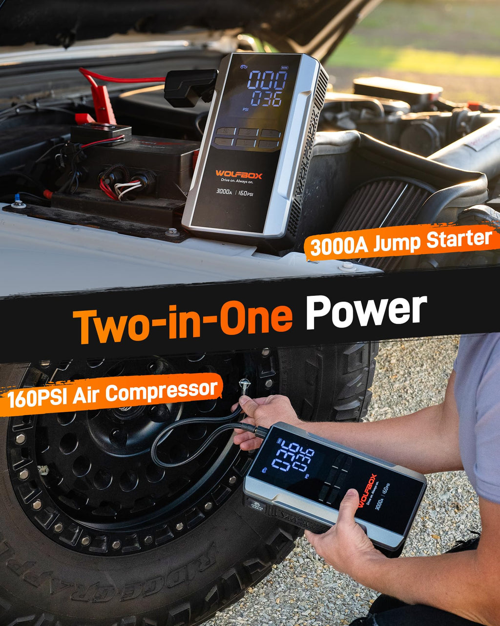 WOLFBOX 3000A Jump Starter with Air Compressor & Fast Charge