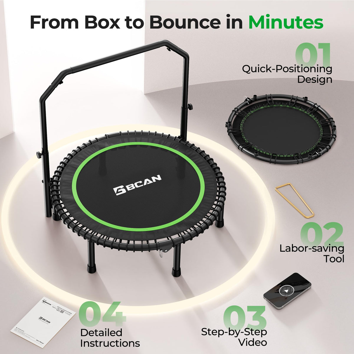 BCAN BT2 Mini Rebounder Trampoline for Adults with Bar