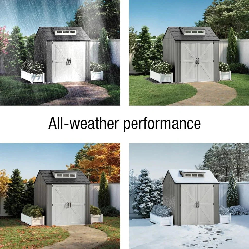 Rubbermaid Resin Outdoor Storage Shed With Floor (7 x 7 Ft) Weather Resistant Gray Organization for Home/Backyard/Garden Tools/Lawn Mower/Bike Storage/Pool Supplies