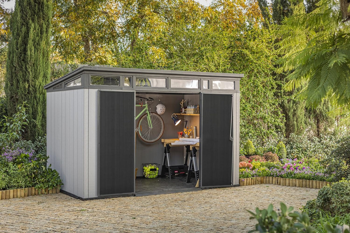 11x7 Modern Resin Outdoor Storage Shed Kit-Perfect to Store Patio Furniture, Garden Tools Bike Accessories, Beach Chairs and Lawn Mower