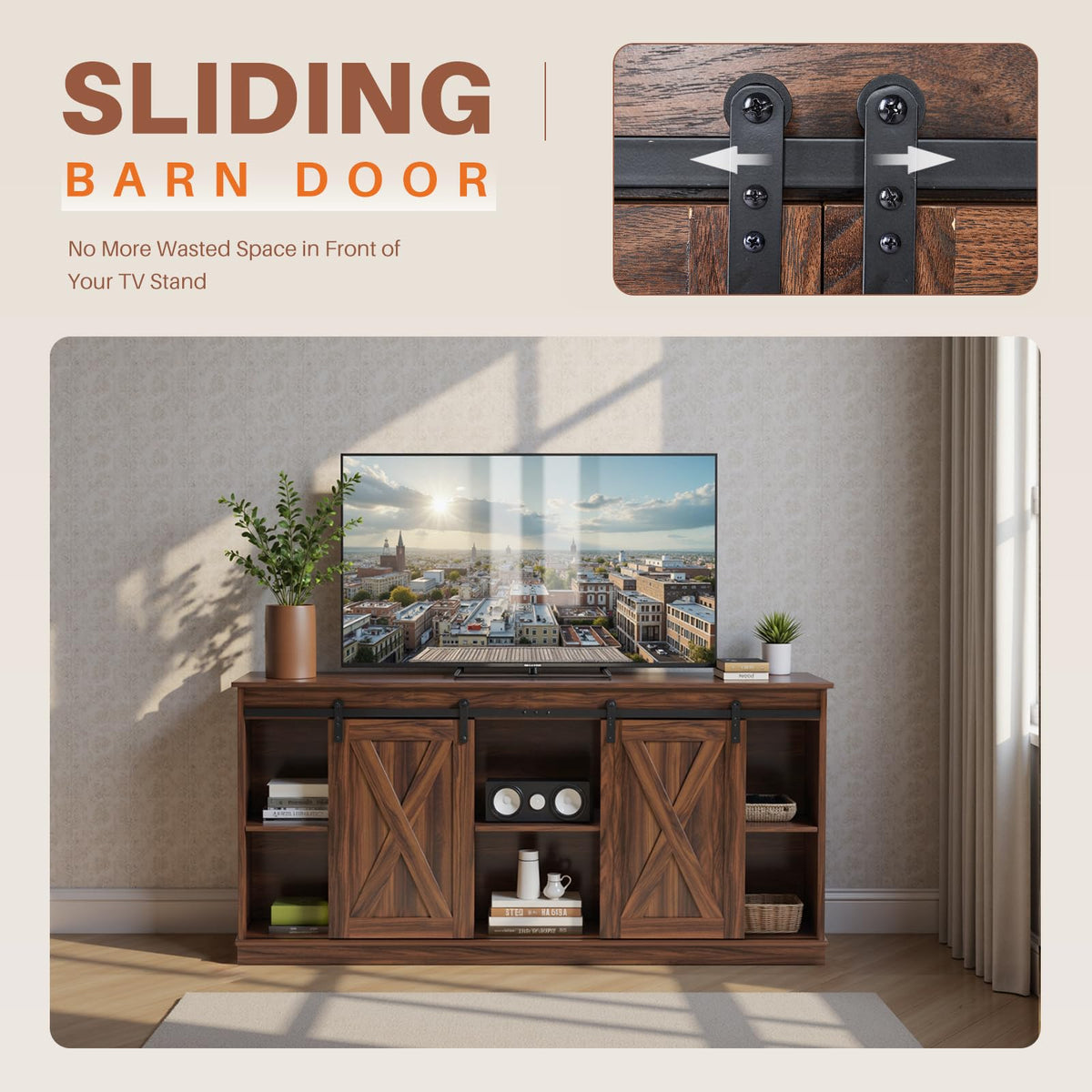 SWEETCRISPY Farmhouse 65-Inch TV Stand with Storage and Barn Door