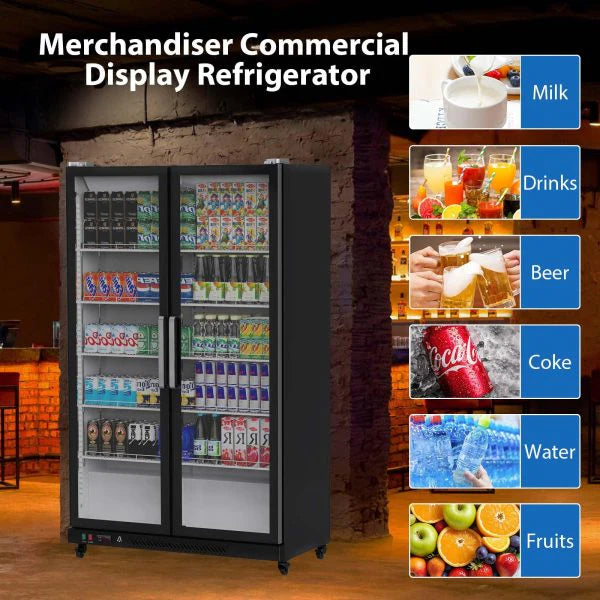 Commercial Refrigerator, Glass Door with LED Lighting – Upright Beverage Display Cooler for Home, Store, Gym, or Office, Featuring Double Swing Doors and 39 cu.ft