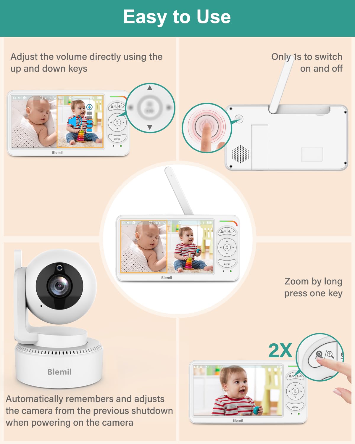 BLEMIL 6" Baby Monitor with 2 Cameras & Split Screen