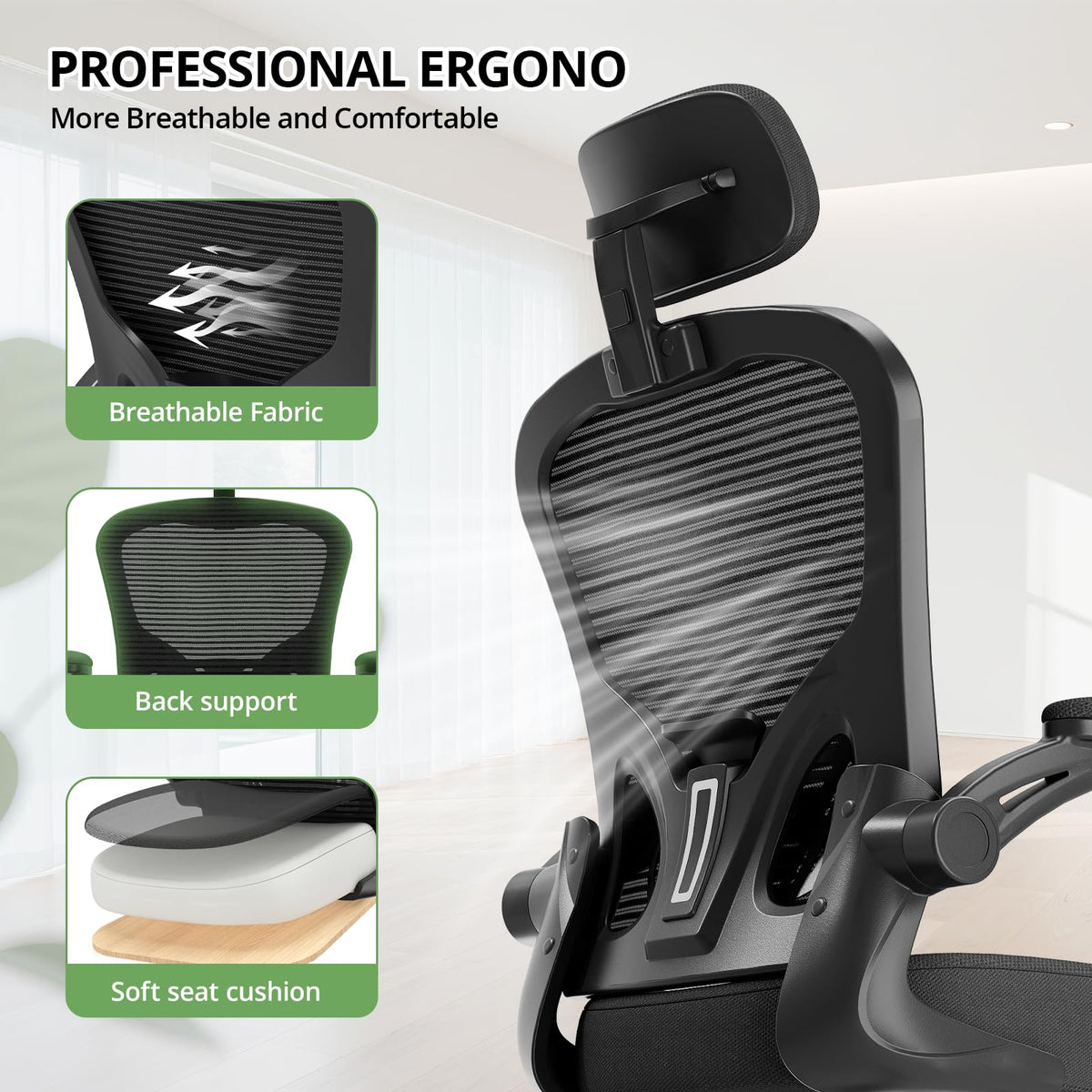 SYNORLA Ergonomic Desk Chair - 330LBS Capacity, High Back