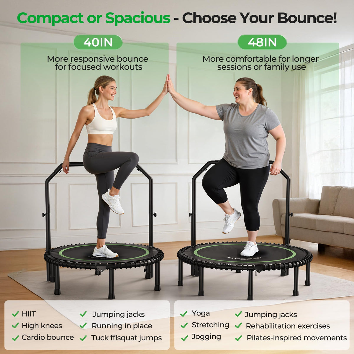 BCAN BT2 Mini Rebounder Trampoline for Adults with Bar