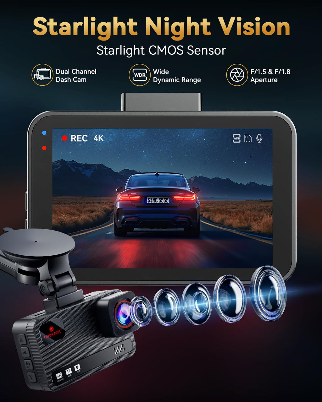 TERUNSOUL 4K Dash Cam Front & Rear with GPS, 128GB Card