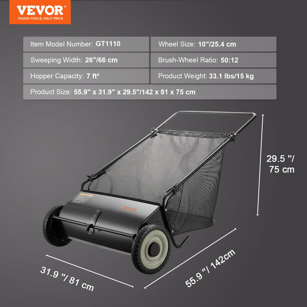 VEVOR Push Lawn Sweeper - 26 Inch Grass & Leaf Collector