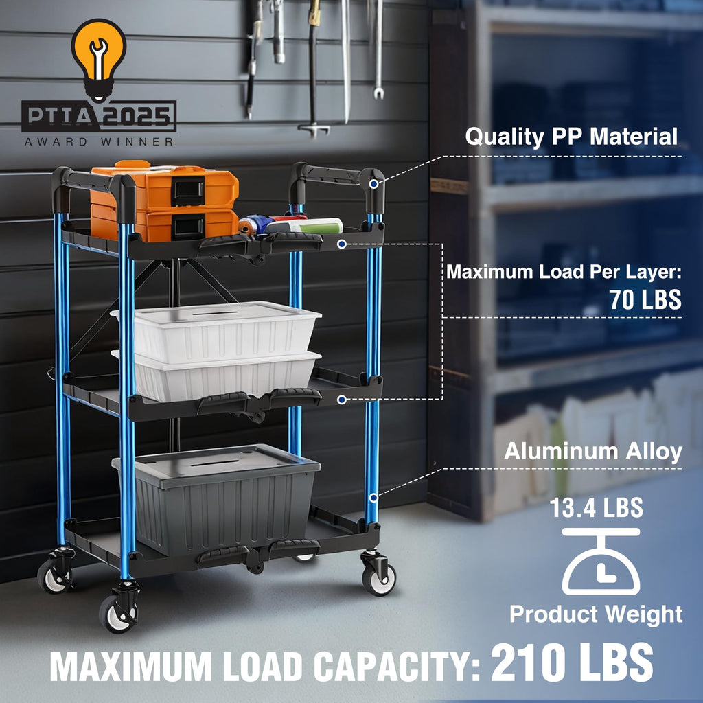 WORKPRO 3-Tier Collapsible Utility Service Cart - 210 LBS Capacity