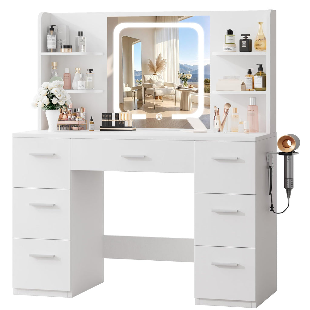 LIVELYGLOW White Makeup Vanity Desk with LED Mirror & Power Station