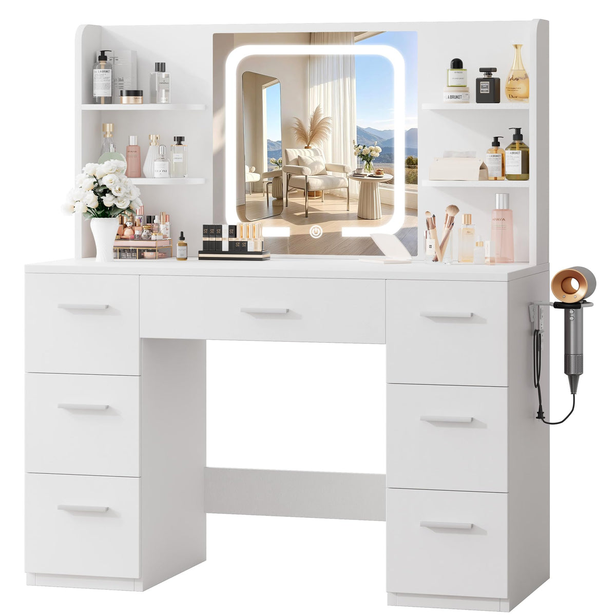 LIVELYGLOW White Makeup Vanity Desk with LED Mirror & Power Station
