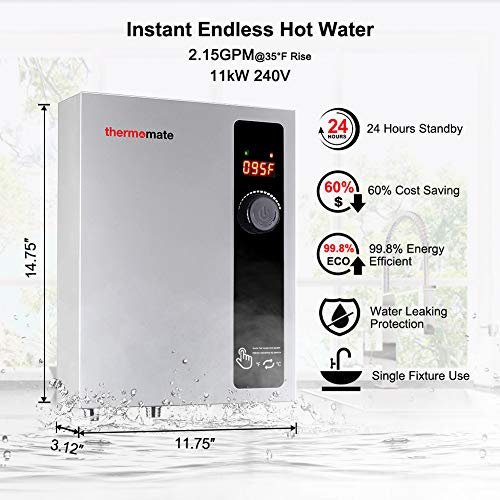 thermomate Electric Tankless Water Heater, 11kW at 240 Volt, On Demand Instant Hot Water Heater