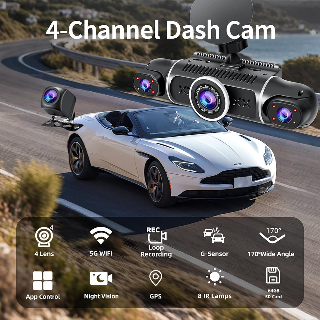 ZUNFLY 360° Dash Cam 4-Channel FHD 2K & Night Vision