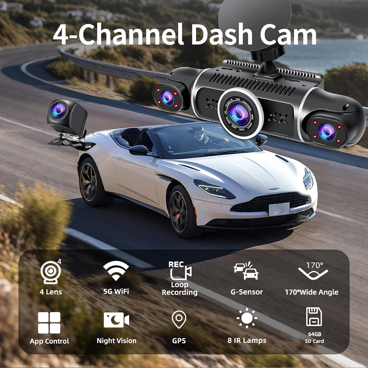 ZUNFLY 360° Dash Cam 4-Channel FHD 2K & Night Vision