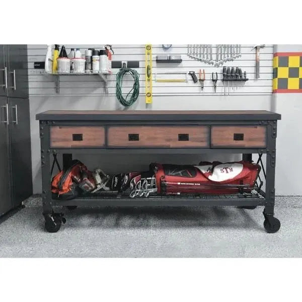Building Products 72 in. 3-Drawers Rolling Industrial Workbench and Wood Top