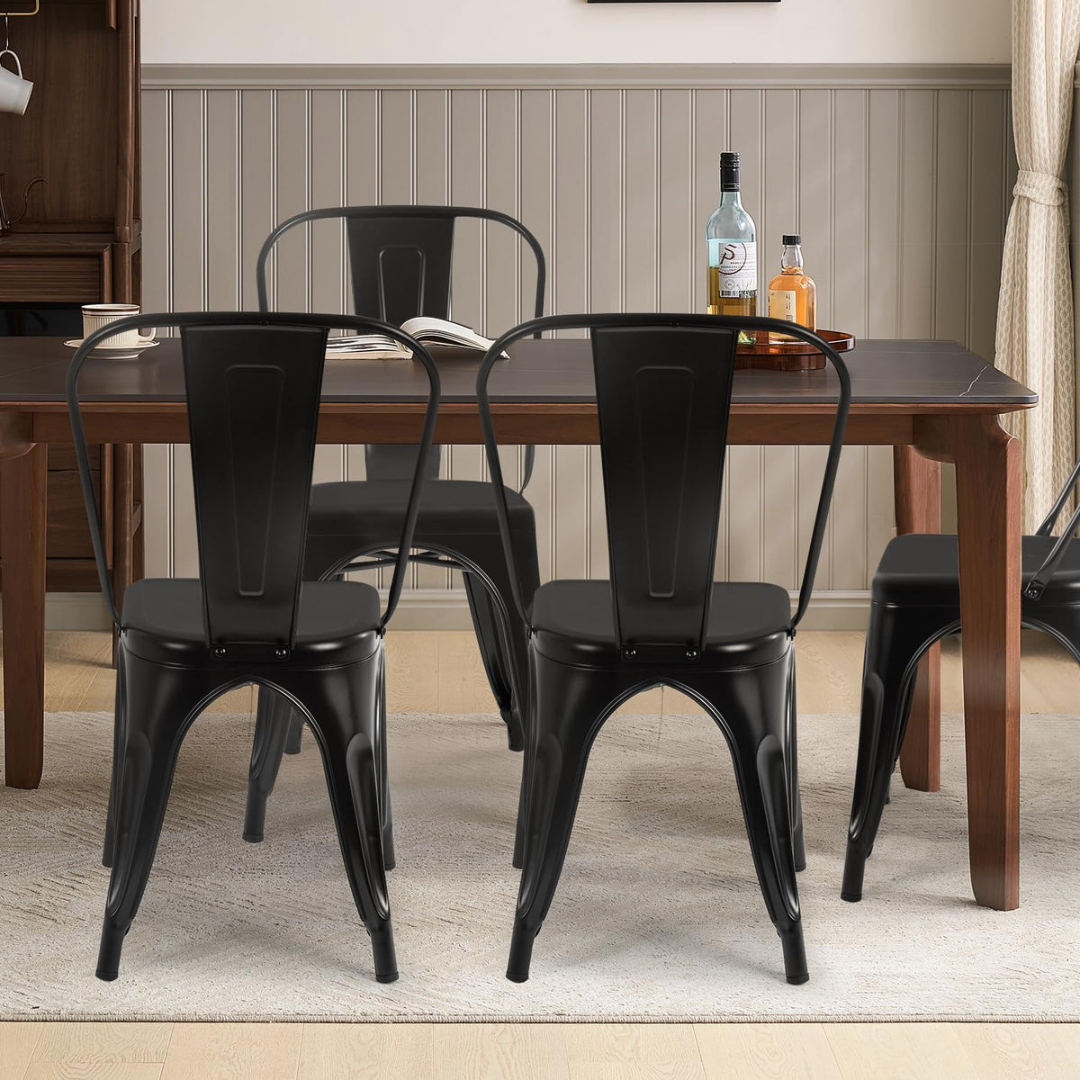 FDW Metal Dining Chairs Set of 4 - Black Stackable Tolix