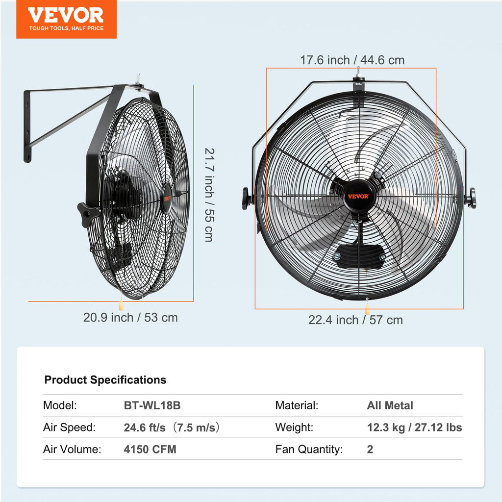 VEVOR 18" Waterproof Wall Mount Fan 2 PCS, 3-Speed 4000 CFM