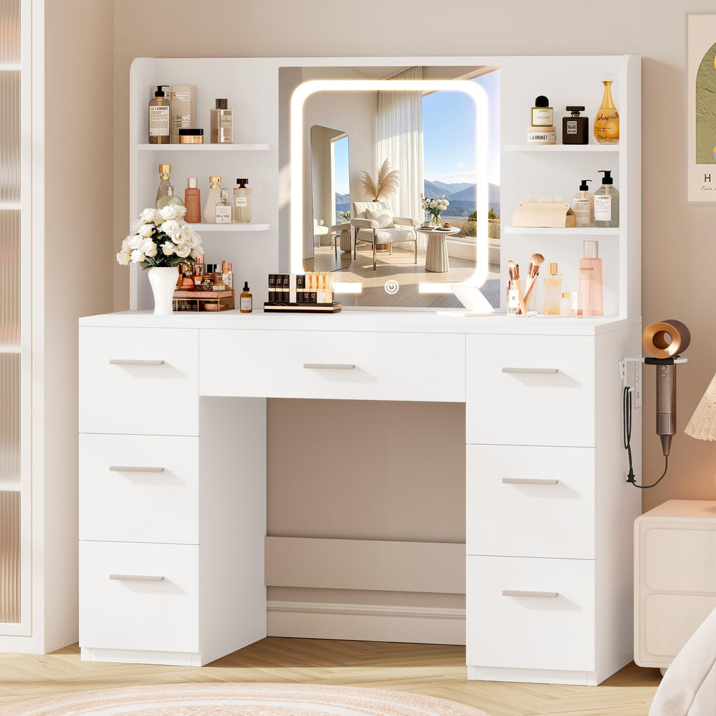 LIVELYGLOW White Makeup Vanity Desk with LED Mirror & Power Station