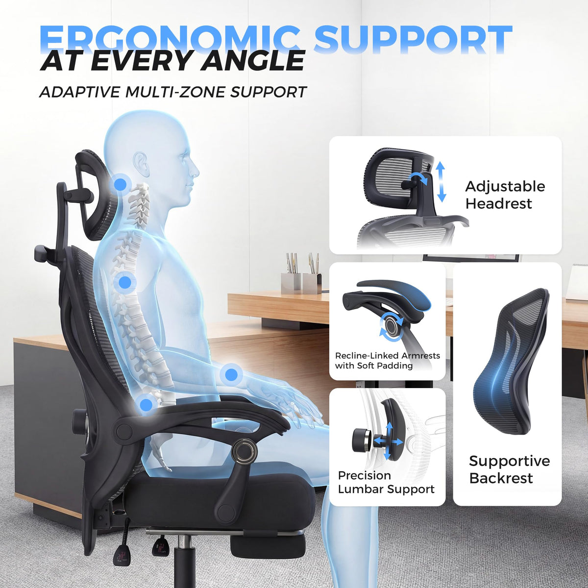 CYKOV Ergonomic Office Chair with Footrest & Lumbar Support