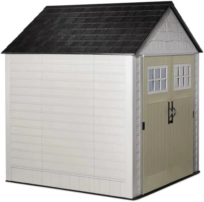 Rubbermaid Resin Outdoor Storage Shed With Floor (7 x 7 Ft) Weather Resistant Gray Organization for Home/Backyard/Garden Tools/Lawn Mower/Bike Storage/Pool Supplies