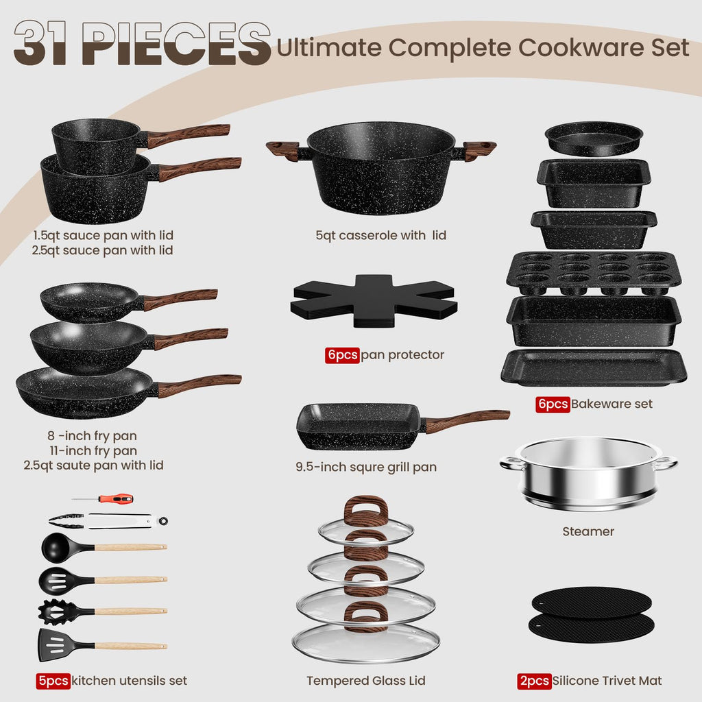 UMITE CHEF Non-Stick Pots and Pans Set, 31 Piece Induction Cookware