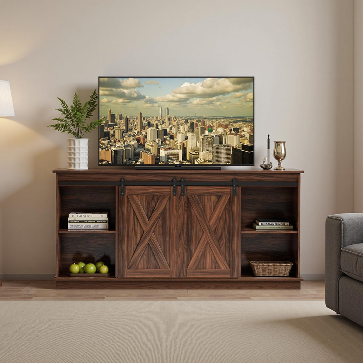 SWEETCRISPY Farmhouse 65-Inch TV Stand with Storage and Barn Door