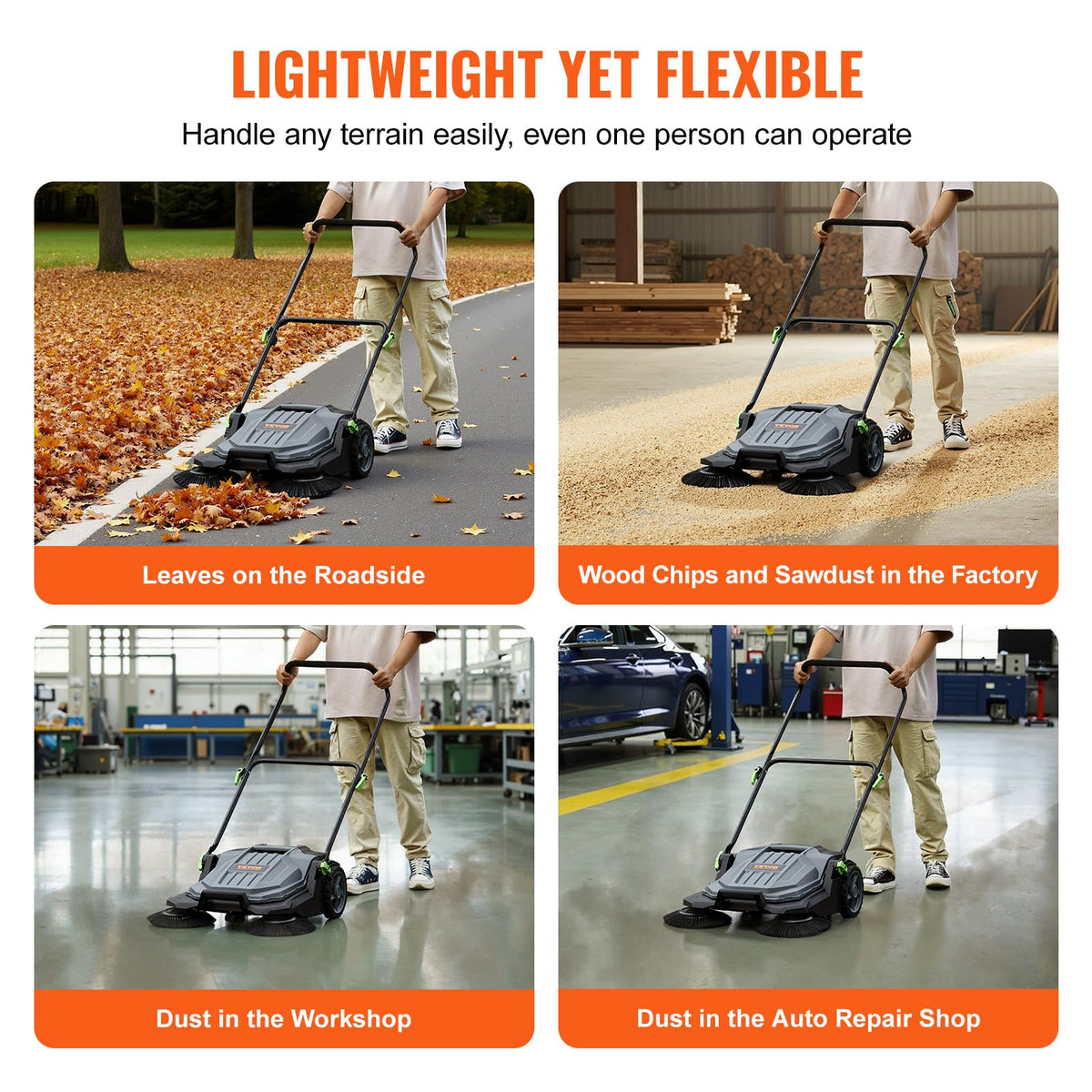 VEVOR Walk-Behind Manual Floor Sweeper with Adjustable Handle