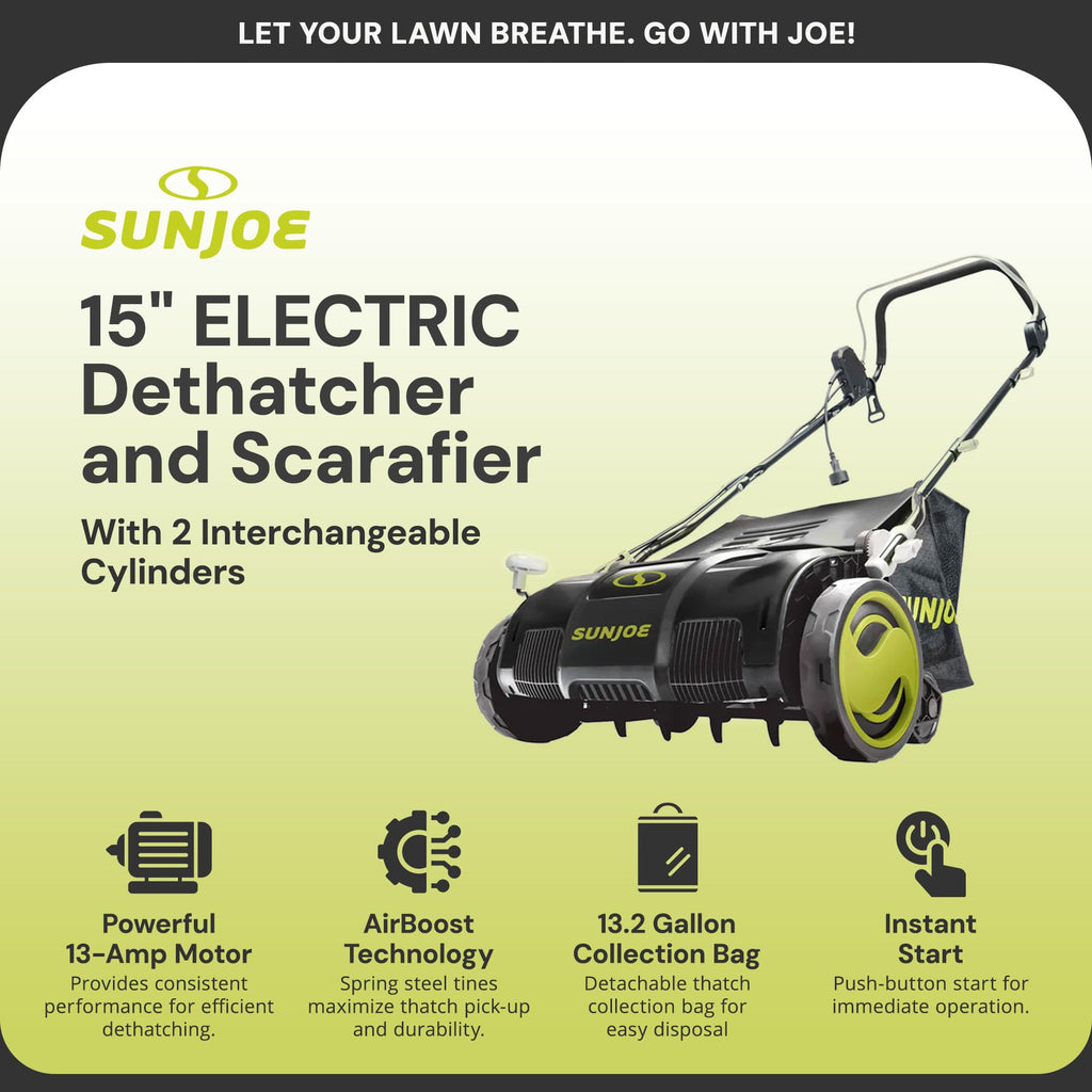 SUN JOE 15-Inch Electric Lawn Dethatcher with Scarifier Blade
