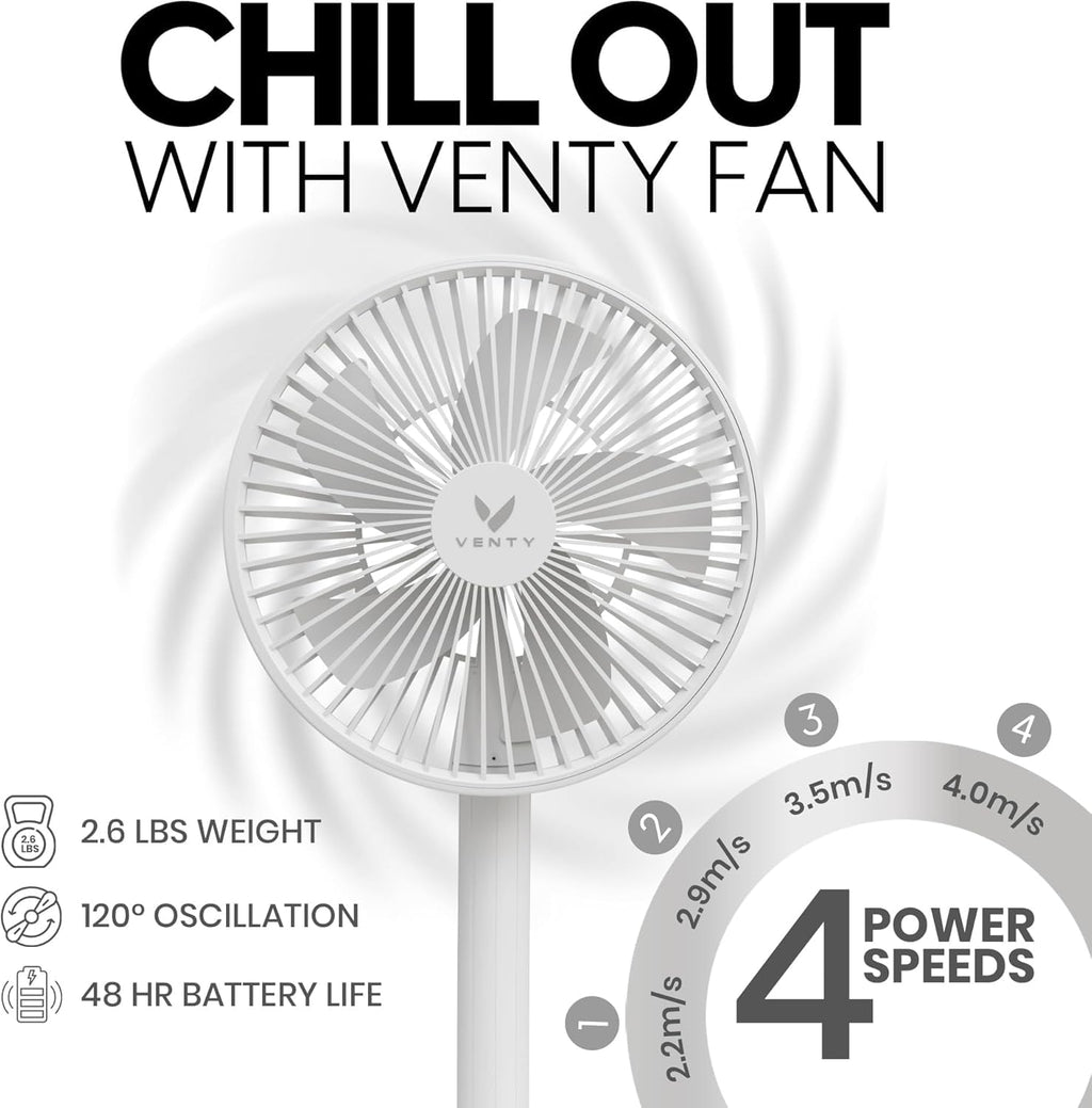 VENTY Portable Fan - Wireless Battery Operated with LED Light
