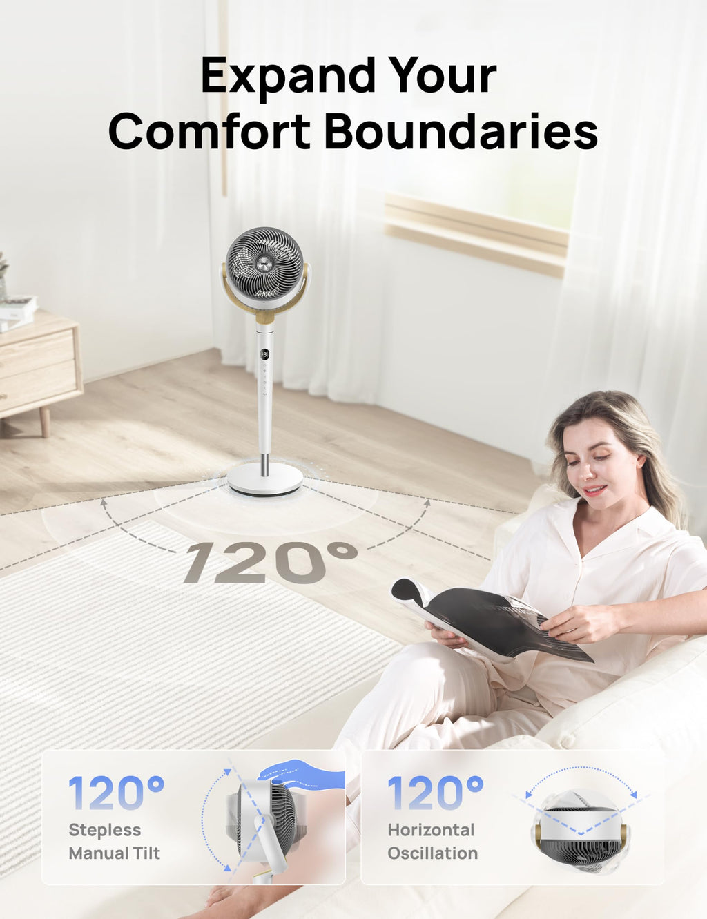 DREO Bedroom DC Motor Standing Fan, 120° Oscillation, Quiet