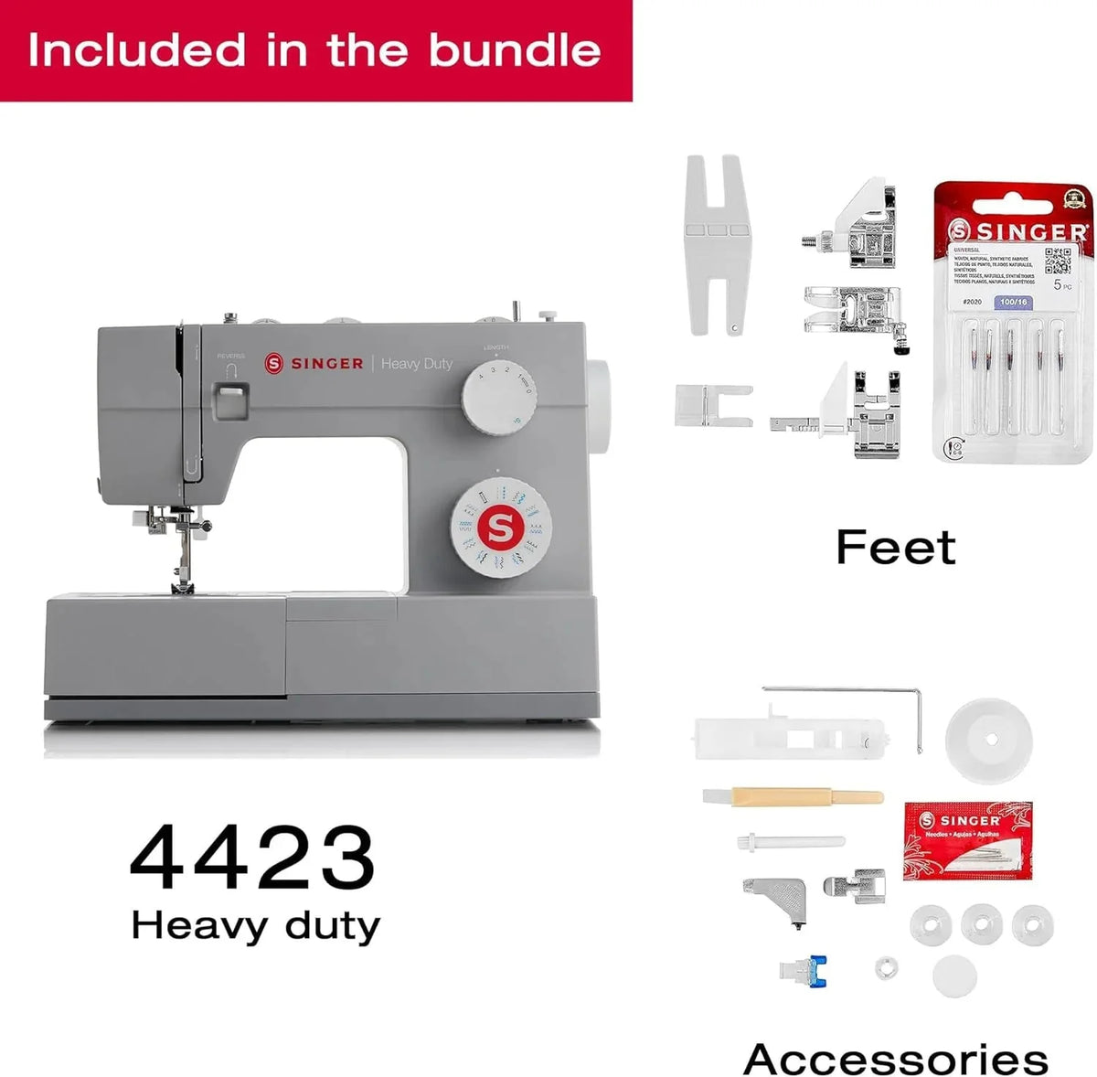 SINGER Heavy Duty 4423 High Speed Sewing Machine with Accessory Kit | Strong Motor With Enhanced Piercing Power, 97 Stitch Applications, Full Metal frame, 1-step Buttonhole & LED Light