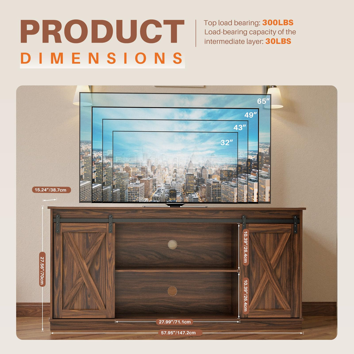 SWEETCRISPY Farmhouse 65-Inch TV Stand with Storage and Barn Door