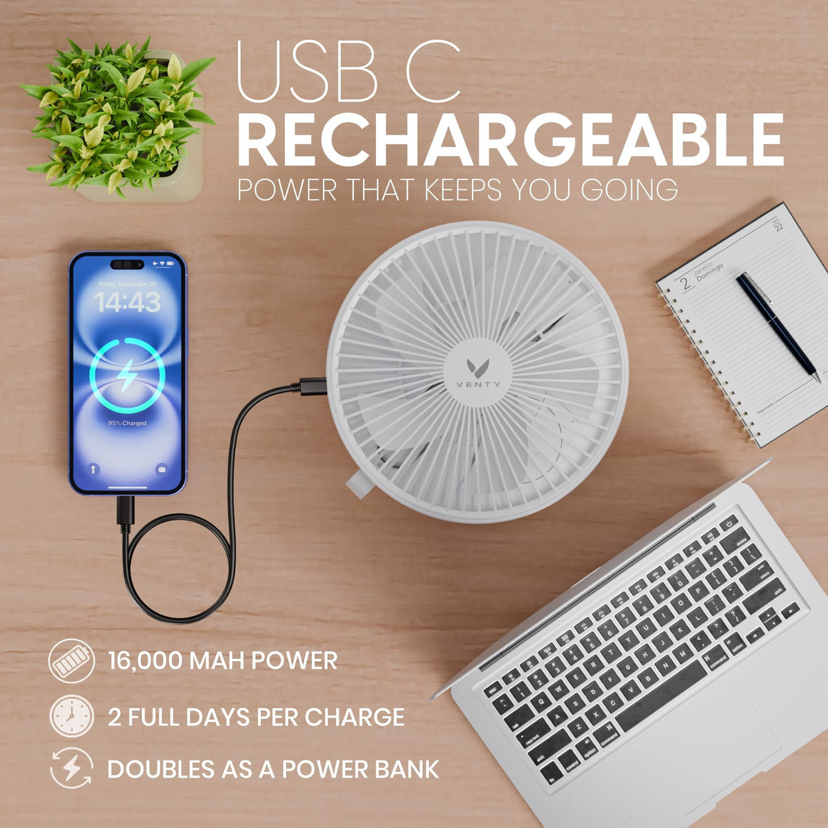 VENTY Portable Fan - Wireless Battery Operated with LED Light