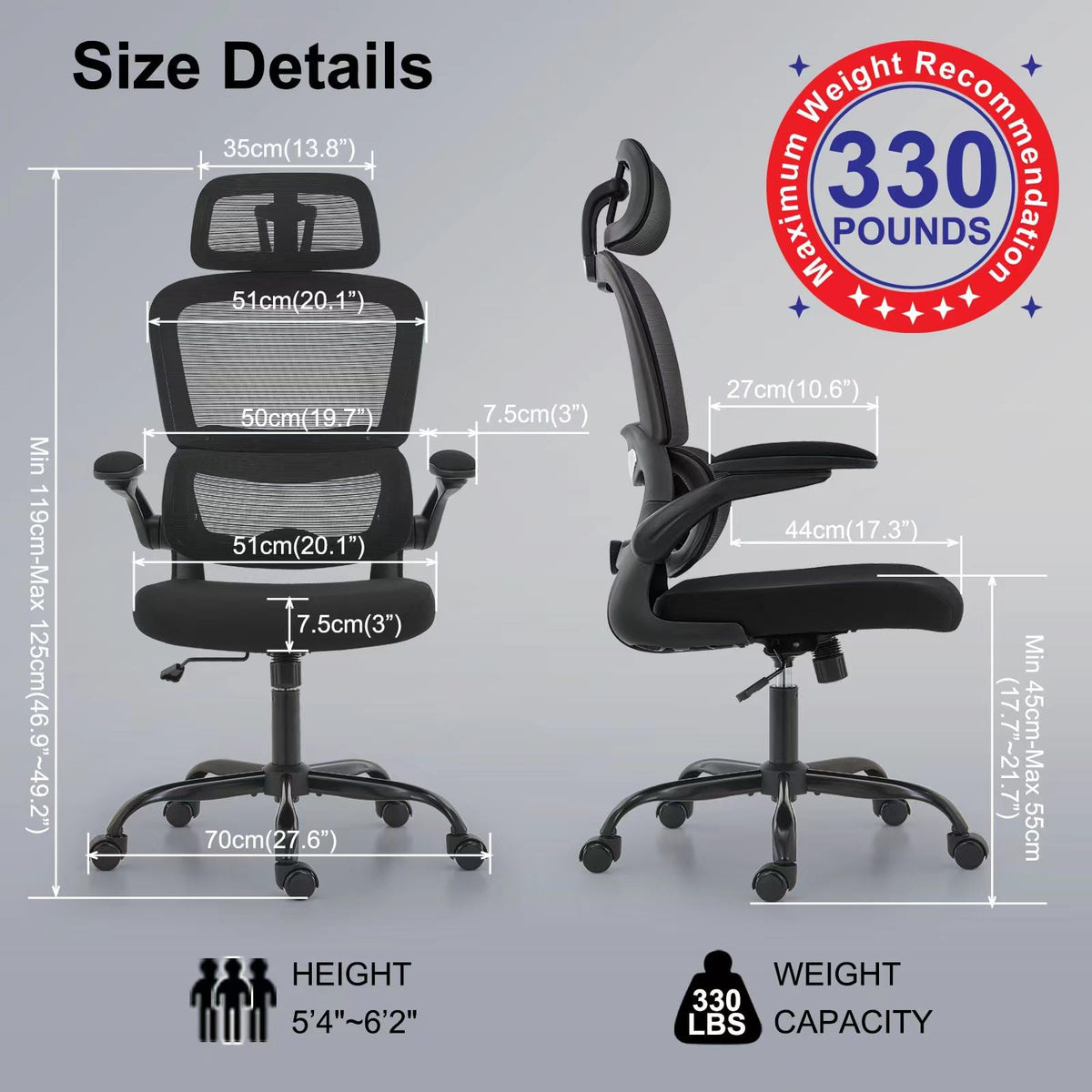 TRALT Ergonomic Office Chair with Wheels - 330 LBS Capacity
