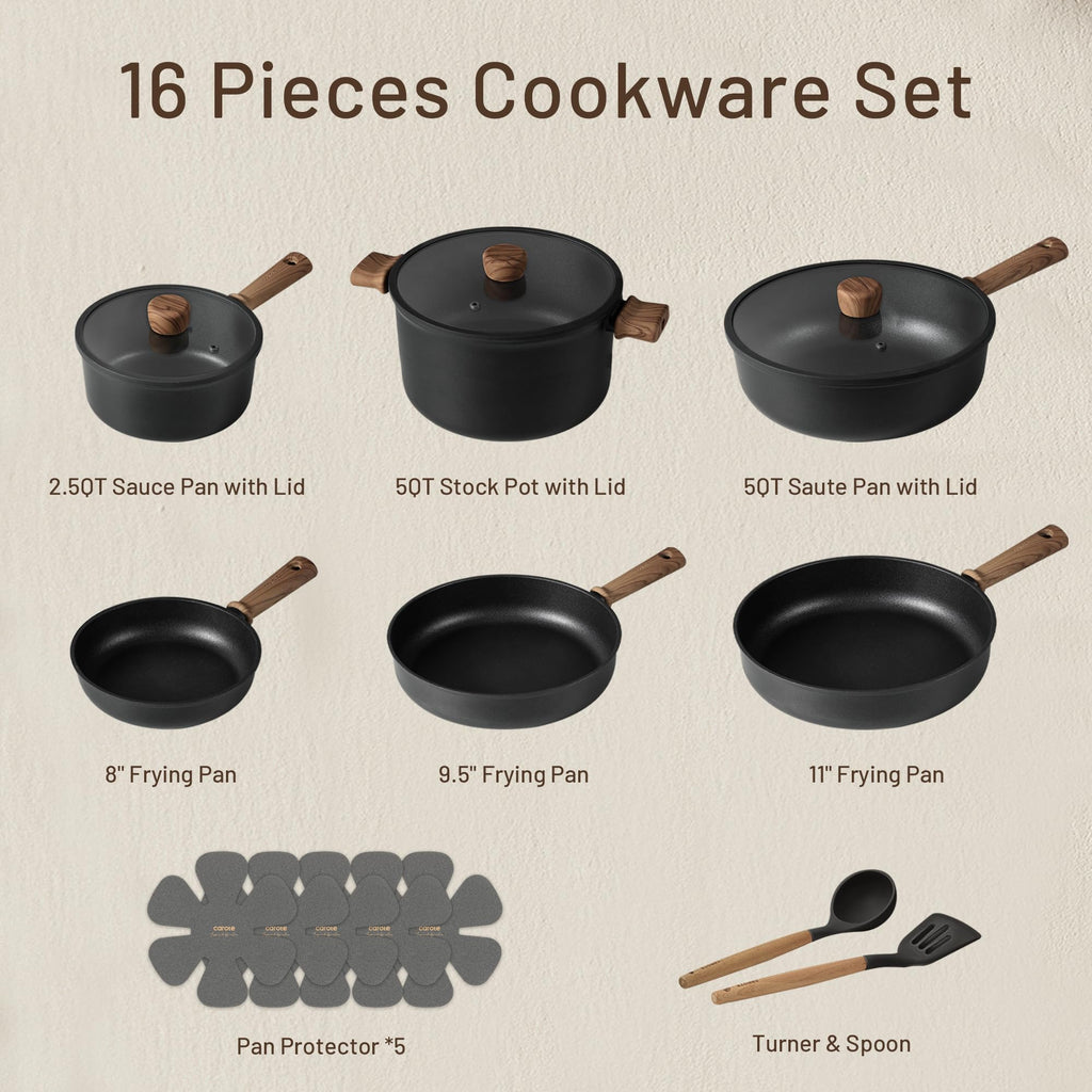 CAROTE Induction Nonstick Titanium Cookware Set 16pcs