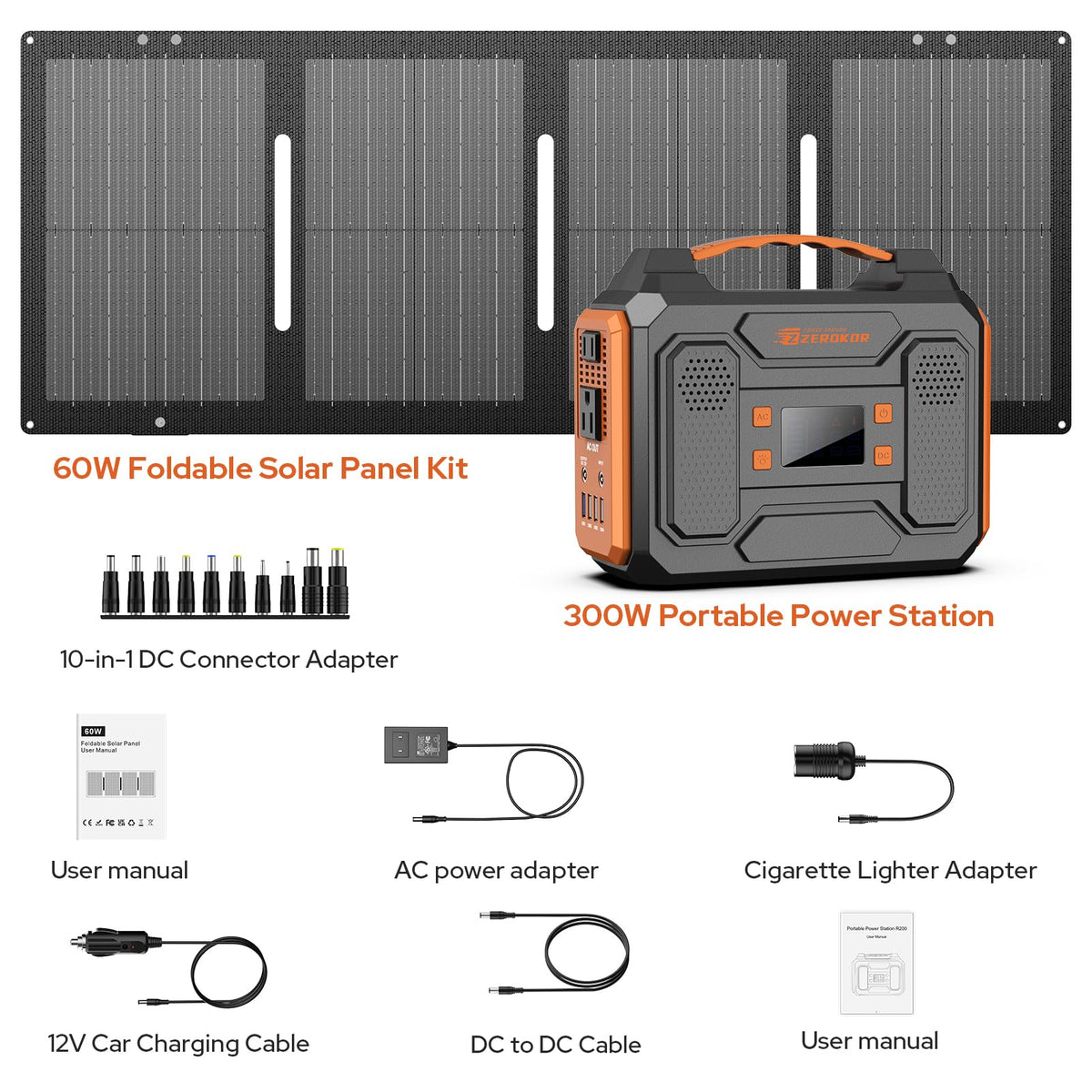 ZEROKOR Portable Solar Generator 300W with 60W Solar Panel