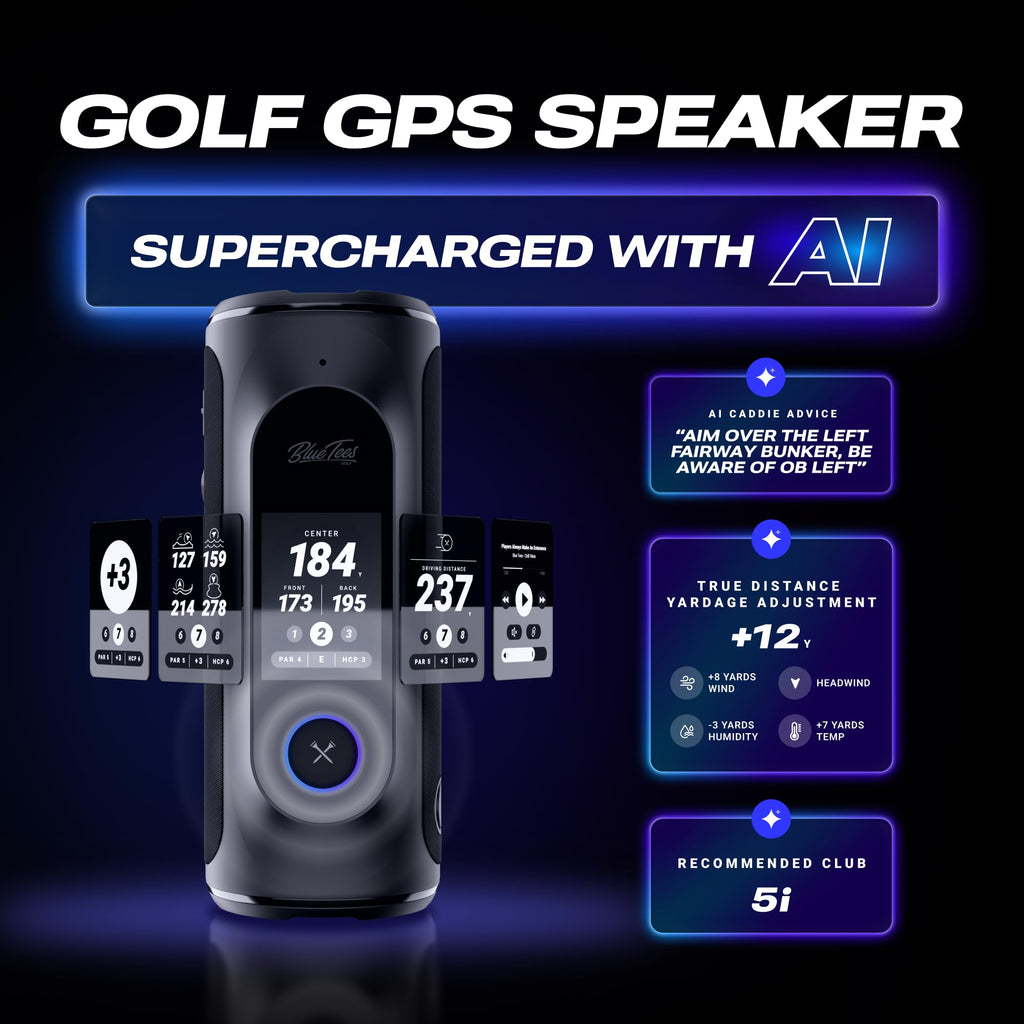 BLUE TEES GOLF Player AI GPS Speaker - Touchscreen, Waterproof, 40k Courses
