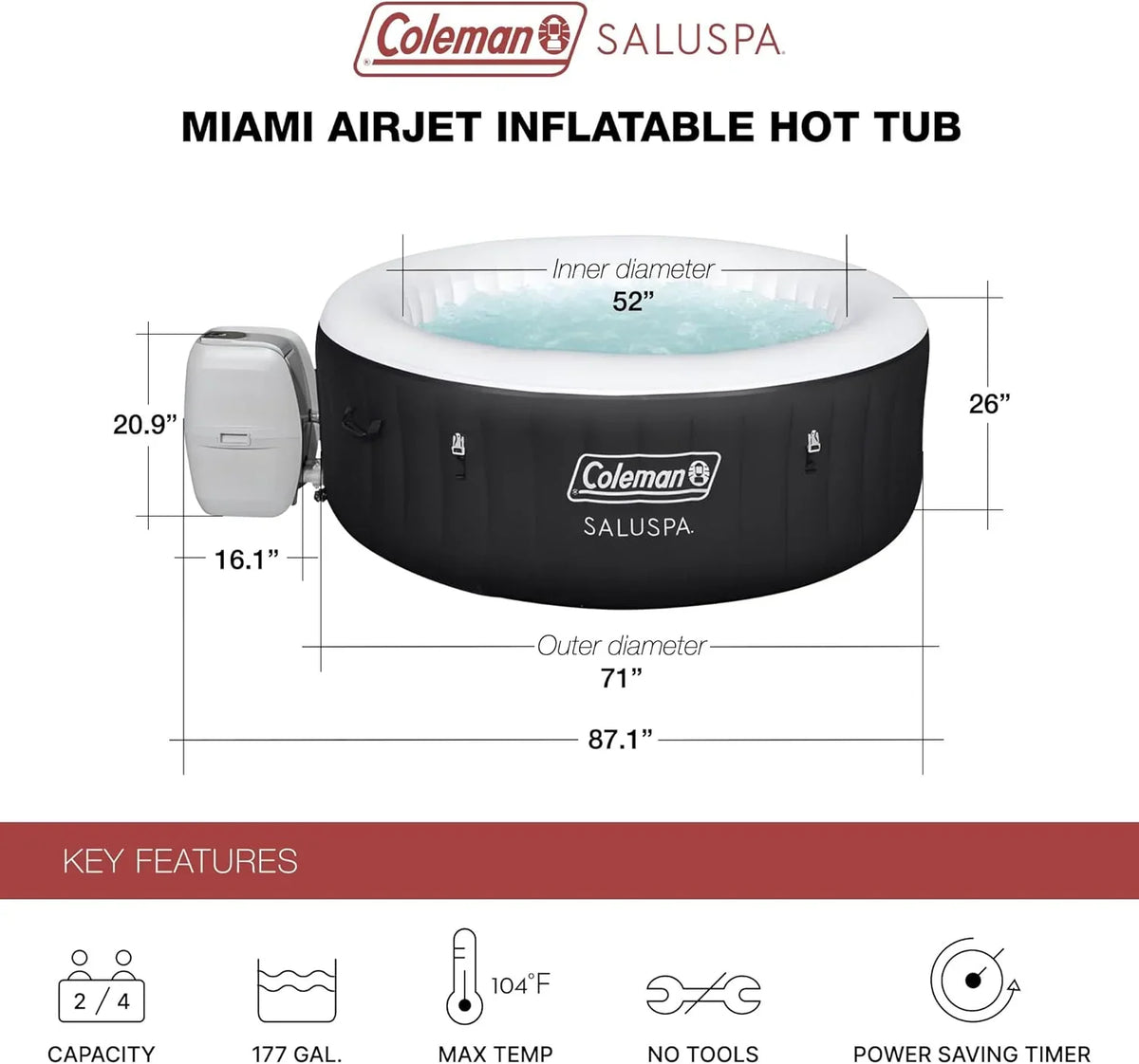Coleman SaluSpa Miami AirJet 2 to 4 Person Round Inflatable Hot Tub Portable Outdoor Spa with 120 Soothing AirJets and Insulated Cover, Black