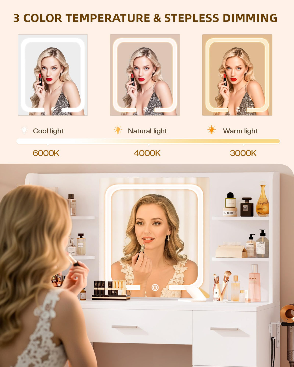 LIVELYGLOW White Makeup Vanity Desk with LED Mirror & Power Station