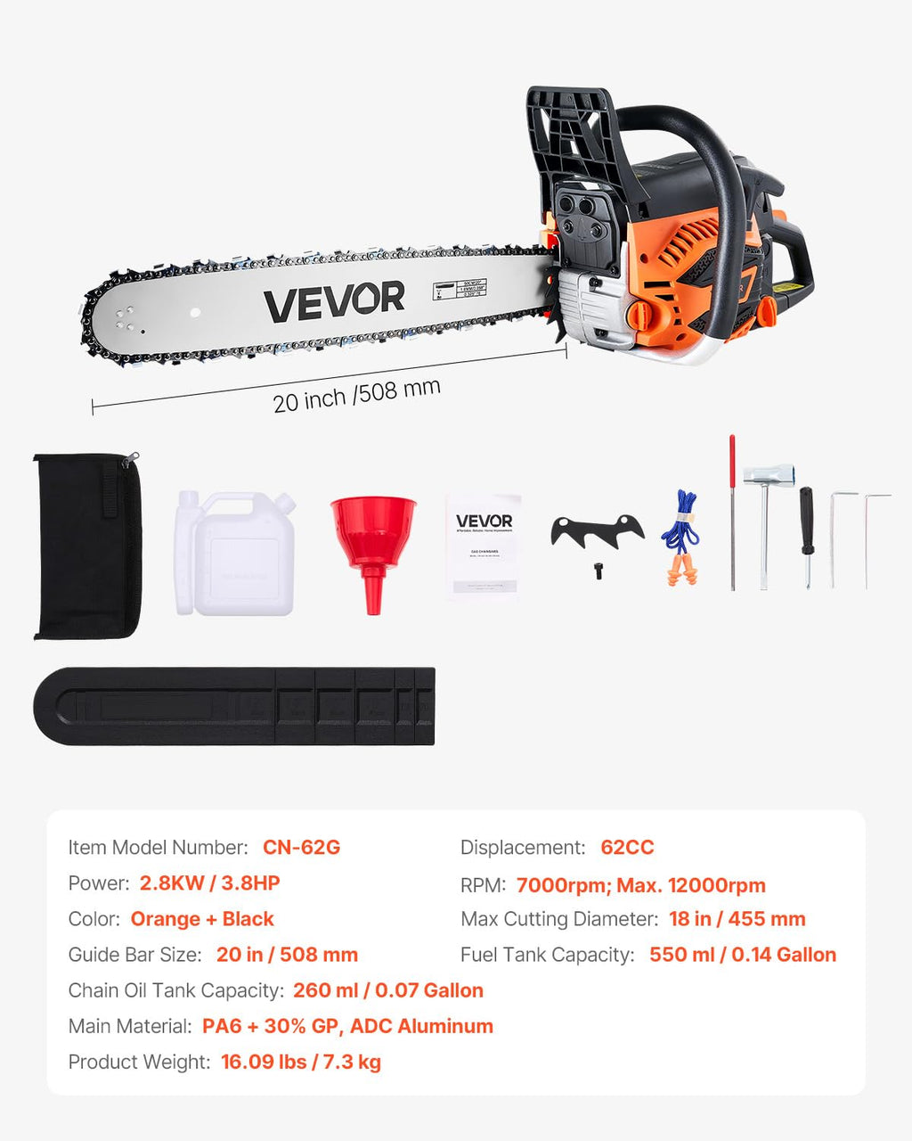 VEVOR 20-Inch 62CC Gas Chainsaw - 3.8 HP, Dual Fuel