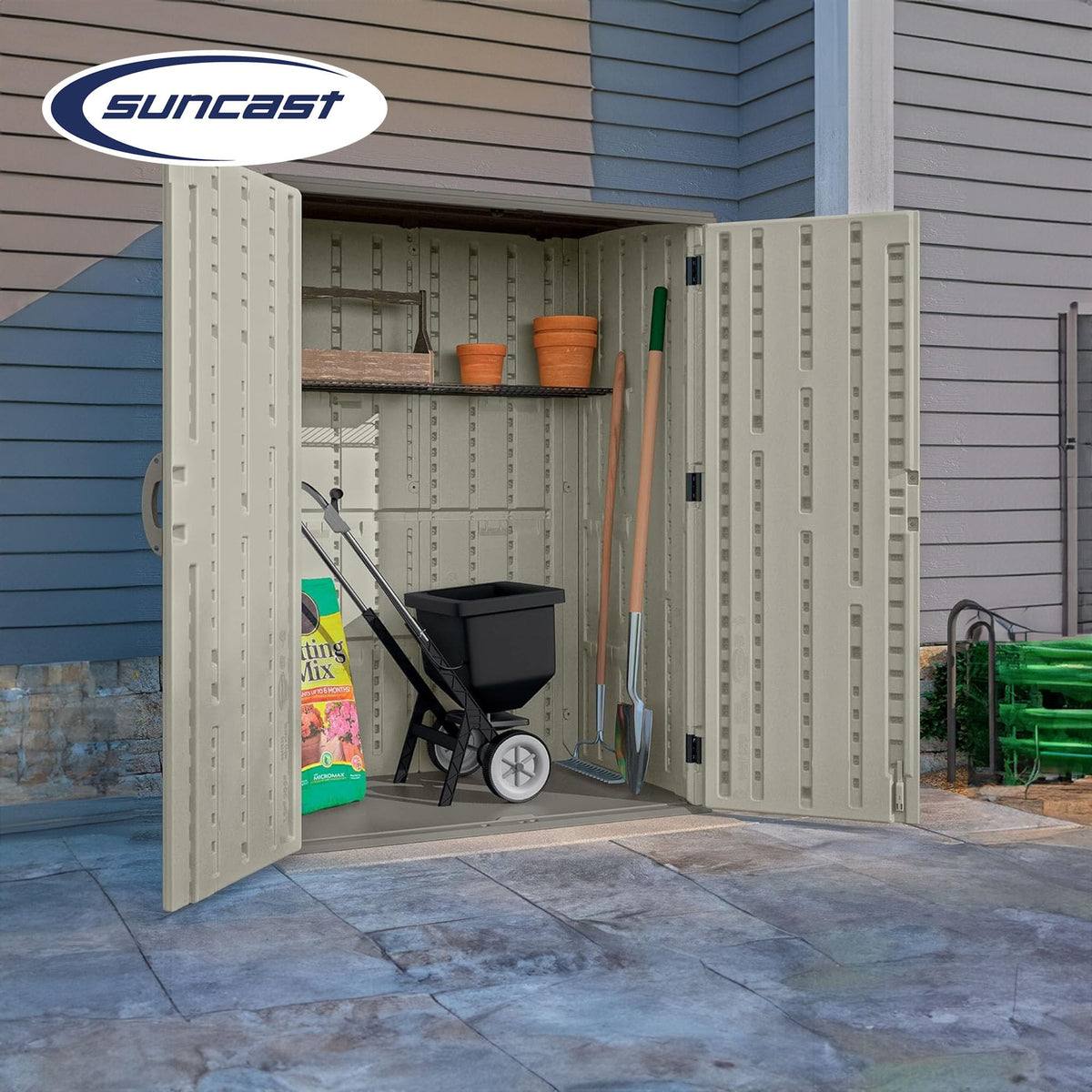 SUNCAST Resin Outdoor Storage Shed for Garden Tools & Cushions